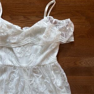 White Lace Mini Off Shoulder Dress with Scalloped Hem